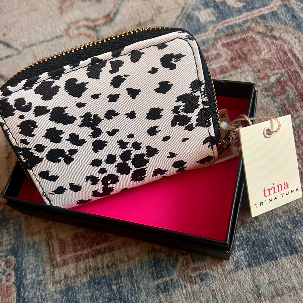 Trina Turk Small Wallet Card Holder Coin Purse Black White Pink Animal Print